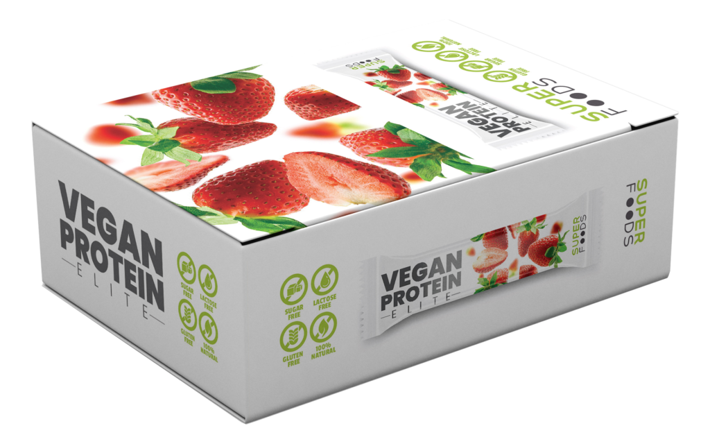 Vegan Protein Elite eper ízű vegán fehérjeszelet doboz – termékcsomagolás