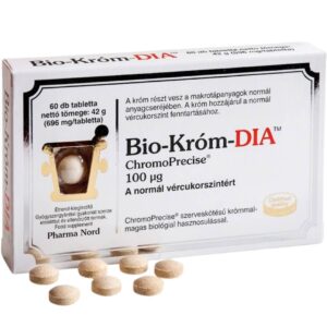 Bio-Króm-DIA 100 µg Pharma Nord króm étrend-kiegészítő tabletta doboza és tabletták