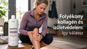 Folyékony kollagén ízületvédelemhez Elastic Elite termékkel és sportolás után térdfájdalmat érző nővel