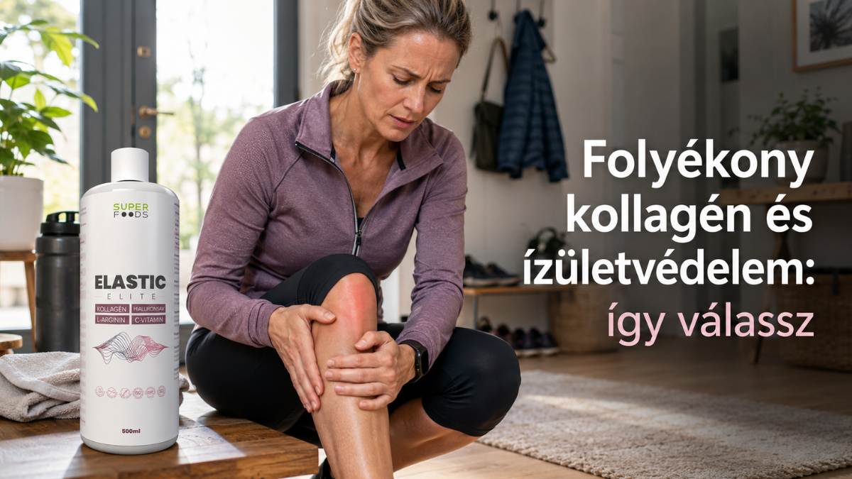 Folyékony kollagén ízületvédelemhez Elastic Elite termékkel és sportolás után térdfájdalmat érző nővel