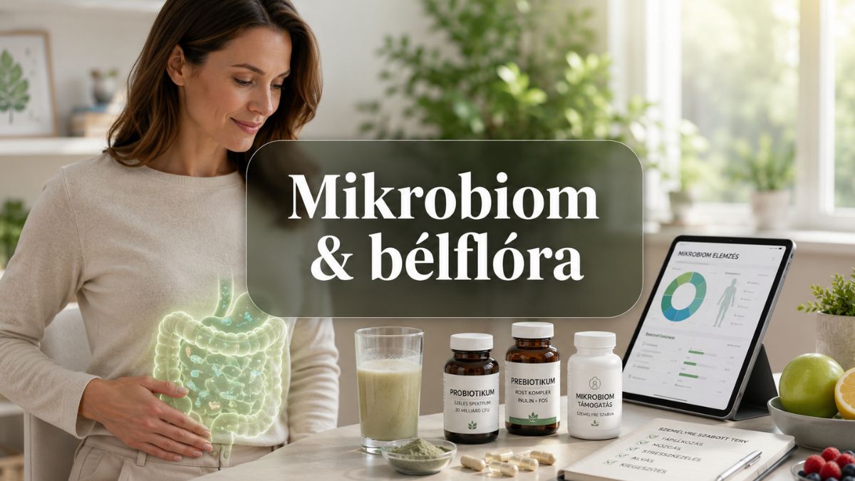 Nő a bélflóra és mikrobiom egyensúlyát szemléltető ábrával, személyre szabott étrend-kiegészítőkkel