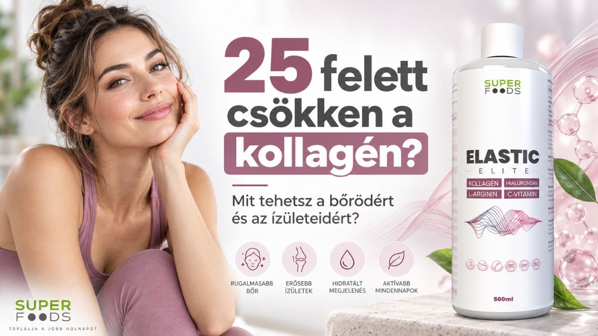 SuperFoods Elastic Elite folyékony kollagén 25 év felett, C-vitaminnal és hialuronsavval