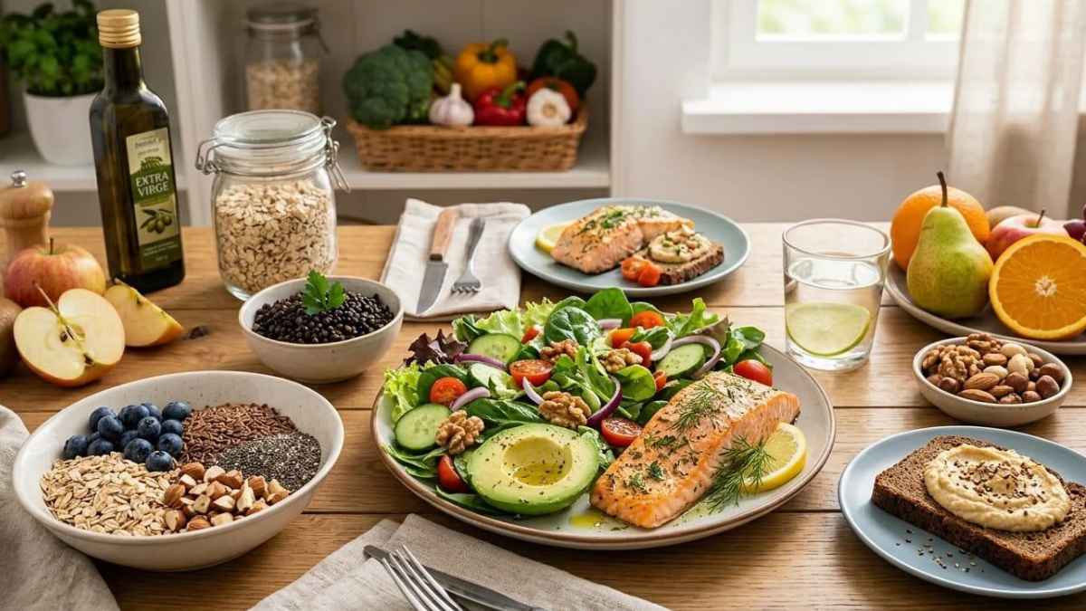 Koleszterintudatos étrend lazaccal, zöldségekkel, zabpehellyel, diófélékkel és olívaolajjal.