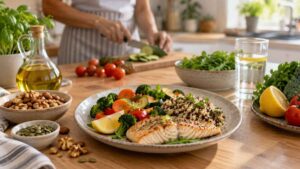 Mediterrán jellegű, zöldségekben és halban gazdag étkezés, amely beilleszthető a zsírmáj esetén ajánlott étrendbe.